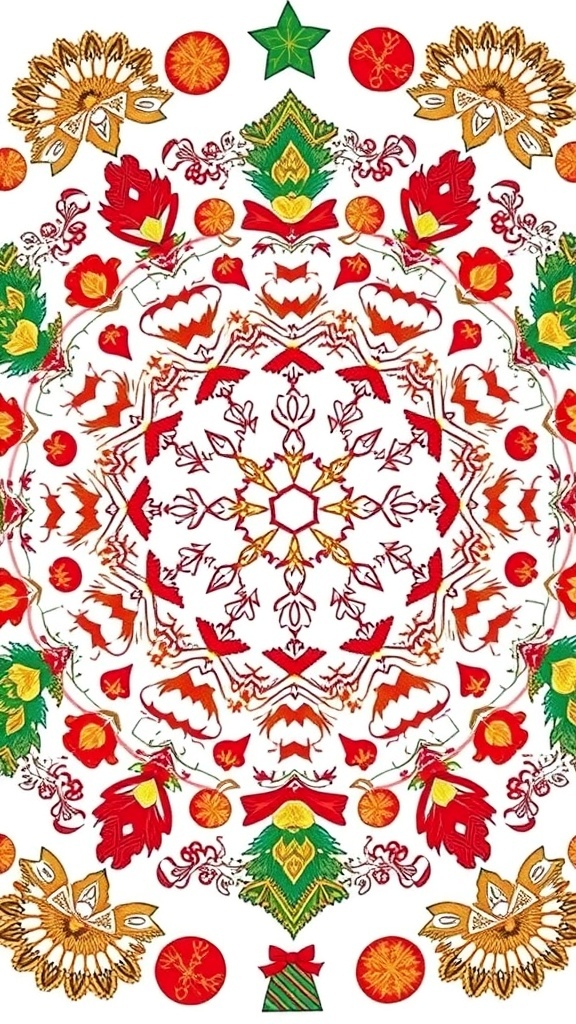 A colorful Christmas mandala with snowflakes, trees, and ornaments on a white background.